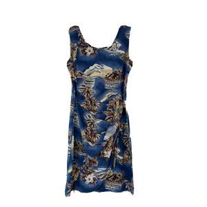 Vintage Hilo Hattie Hawaii Womens Small Blue Tropical Faux Wrap Dress Hawaiian